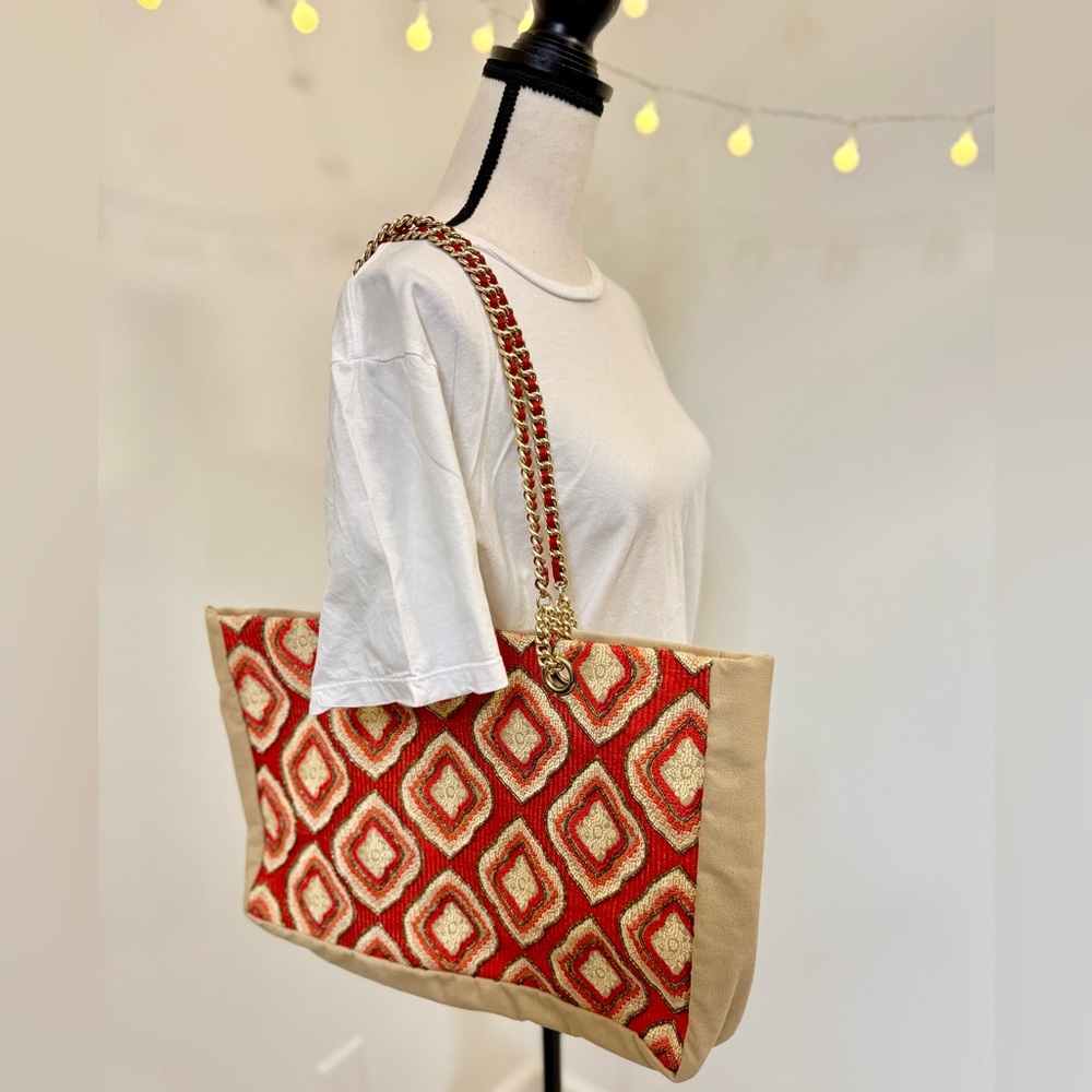 🌾 Chico's Beaded Canvas Tote Bag in‎ Red/Tan/Gold